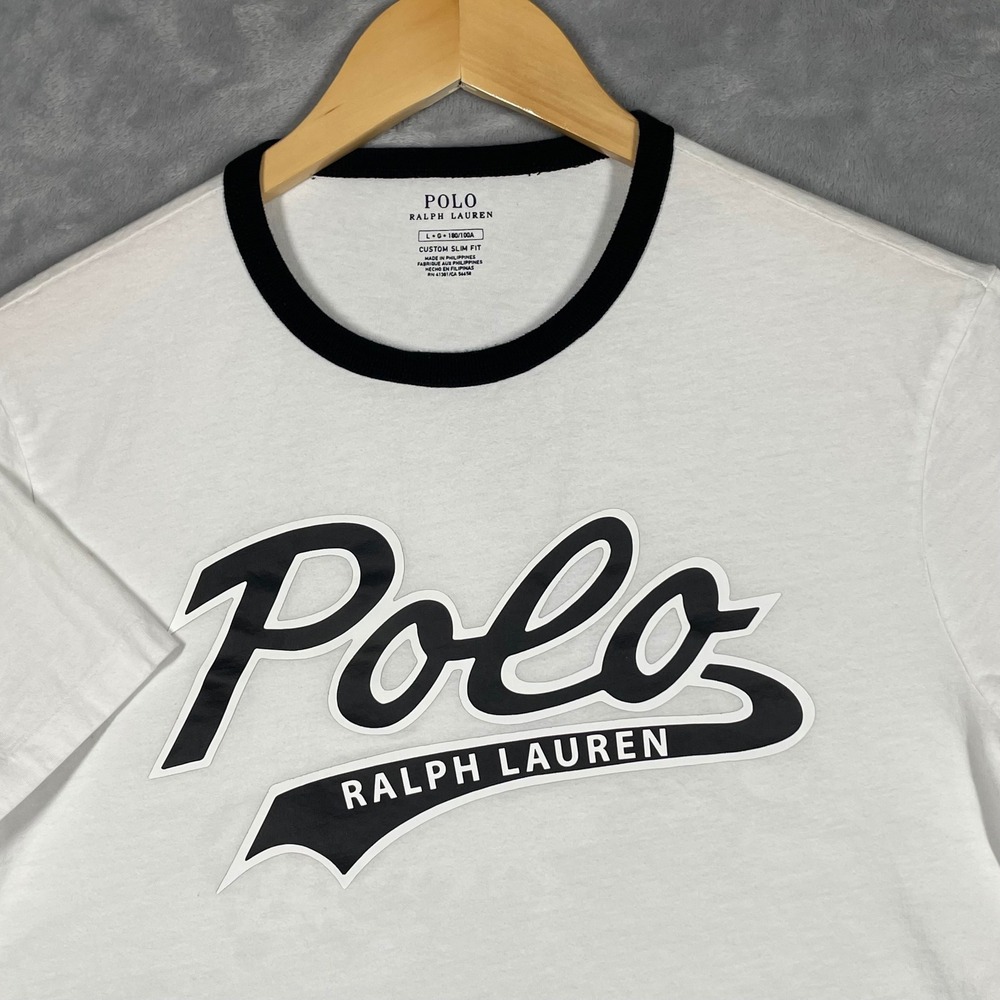 Polo Ralph Lauren Mens White Black Script Logo Ringer Tee Custom Slim Fit L